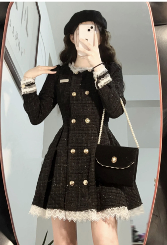 Ollie Hepburn Spring and Autumn Black Little Fragrance Style Retro Ruffle-Breasted Tweed French Sweet Cool Dress for Women