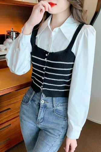 Actual shot of 2024 autumn new Korean style polo collar shirt spliced ​​striped knitted vest fake two-piece top