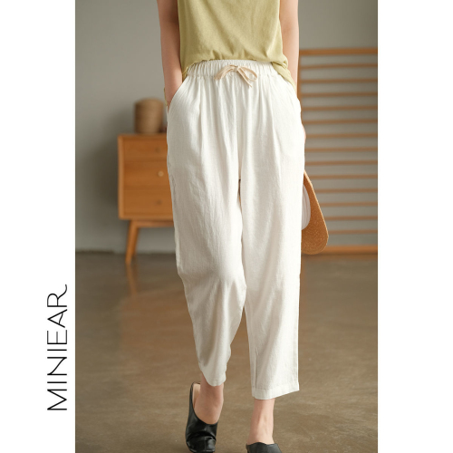 Pure cotton harem pants for women 2024 summer new style lace-up elastic waist small leg pants cotton and linen casual straight nine-point pants