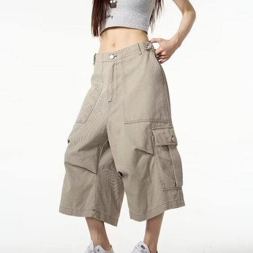 Shorts, multi-pocket, three-quarter pants for women, American loose, high-end, wide-leg overalls