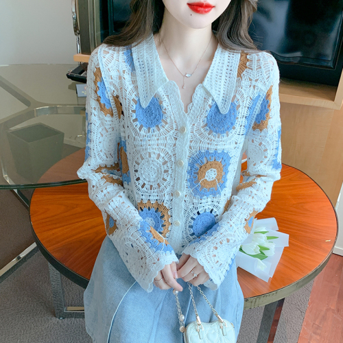 Retro Sweet Crochet Hollow Long Sleeve Knitted Cardigan Women's Thin Design Niche Loose Top