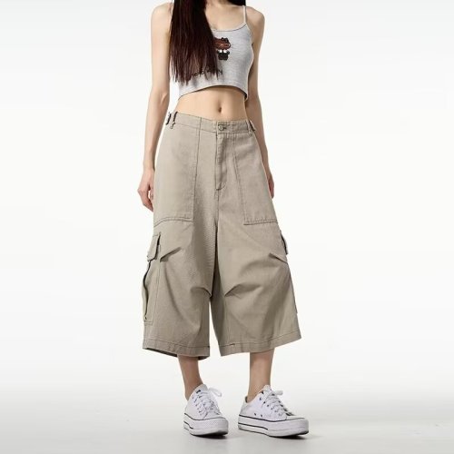 Shorts, multi-pocket, three-quarter pants for women, American loose, high-end, wide-leg overalls