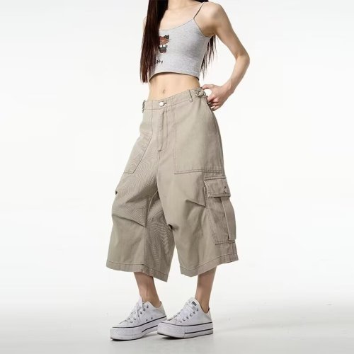 Shorts, multi-pocket, three-quarter pants for women, American loose, high-end, wide-leg overalls