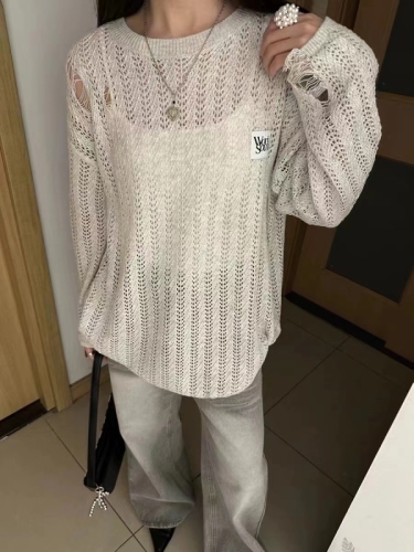 Blue fresh hollow thin sweater for women in summer loose and lazy style with suspenders layered with sun protection short top