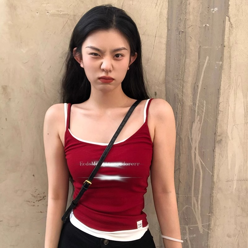High quality pure cotton 220g 40 count smooth food wool 92 cotton 8 spandex slim fake two piece suspender t-shirt for women