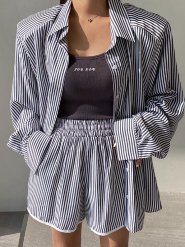 Korean Summer Lapel Casual Vertical Striped Long Sleeve Shirt Elastic Waist Loose Wide Leg Shorts