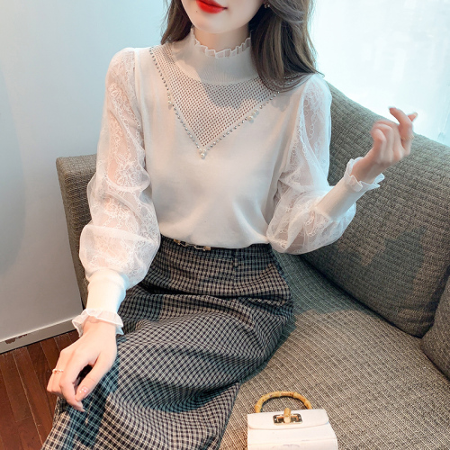 Lace stand-up collar pullover long-sleeved sweater knitted shirt 2024 autumn and winter solid color ladylike style top