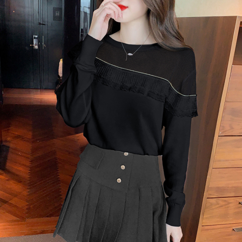 Actual shot of 2024 autumn and winter new Korean style design ruffled mesh splicing knitted slimming bottoming shirt