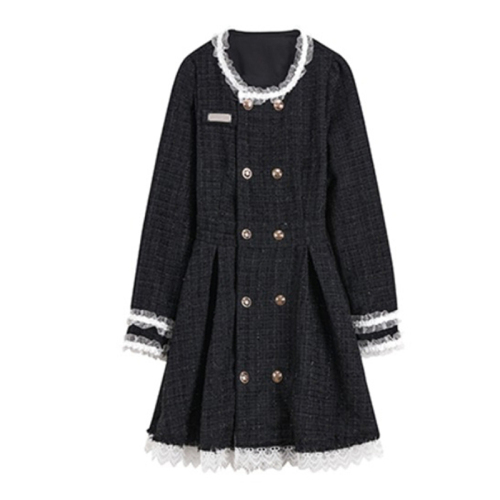 Ollie Hepburn Spring and Autumn Black Little Fragrance Style Retro Ruffle-Breasted Tweed French Sweet Cool Dress for Women