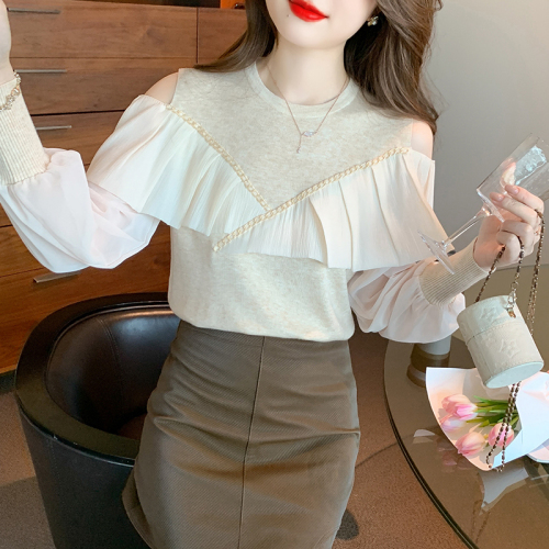 Actual shot of 2024 autumn and winter new high-quality fine wool ruffled splicing gauze heavy-duty knitted sweater tops for women