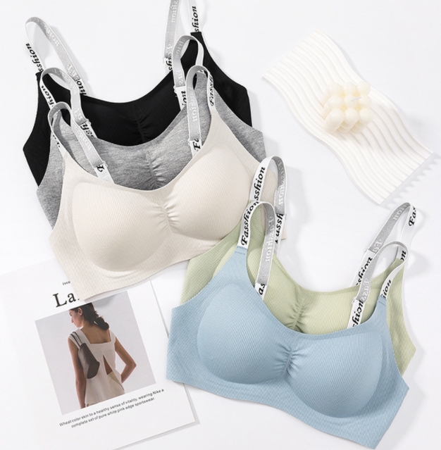 Pleated letters jelly strip shoulder strap underwear nude seamless push-up sports sleep soft support underwear for girls