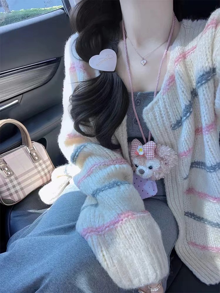 中長款長袖毛衣外套女春裝新款慵懶風V領寬鬆百搭彩虹針織衫外搭
