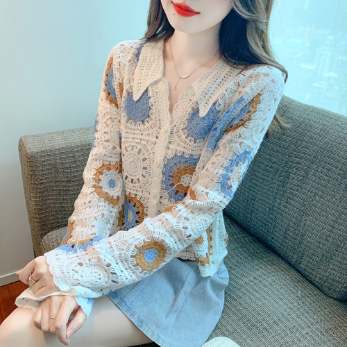 Retro Sweet Crochet Hollow Long Sleeve Knitted Cardigan Women's Thin Design Niche Loose Top