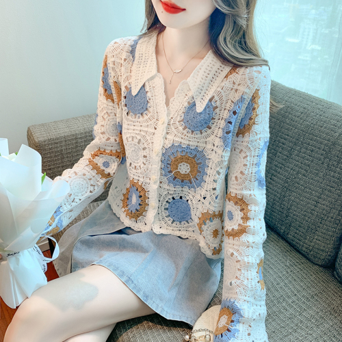 Retro Sweet Crochet Hollow Long Sleeve Knitted Cardigan Women's Thin Design Niche Loose Top