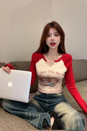 Real shot~Hot Girl American Retro T-shirt Women's Autumn Slim Dopamine Wear Raglan Long Sleeve Short Top