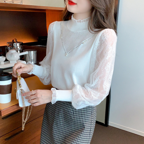 Lace stand-up collar pullover long-sleeved sweater knitted shirt 2024 autumn and winter solid color ladylike style top