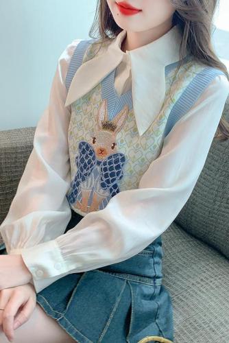 Already shipped real shot 2024 new knitted vest solid color shirt suit fresh and cute high-end two-piece set for women