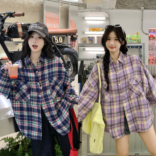 Real shot of Korean girl plaid casual shirt jacket for women 2024 autumn niche chic lapel long-sleeved top