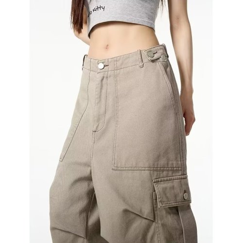 Shorts, multi-pocket, three-quarter pants for women, American loose, high-end, wide-leg overalls