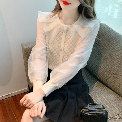 Real shot 2024 autumn and winter new style small fragrant style lace splicing gauze sleeve small shirt heavy industry