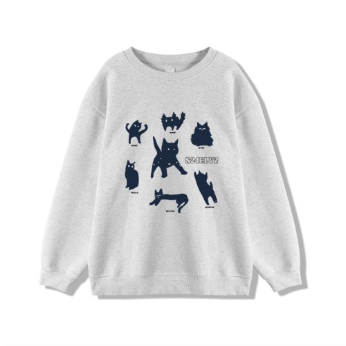 Autumn Funny Cat Silhouette Sweater Women's Floral Round Neck Personalized Fun Retro Contrast Print Fashion Top