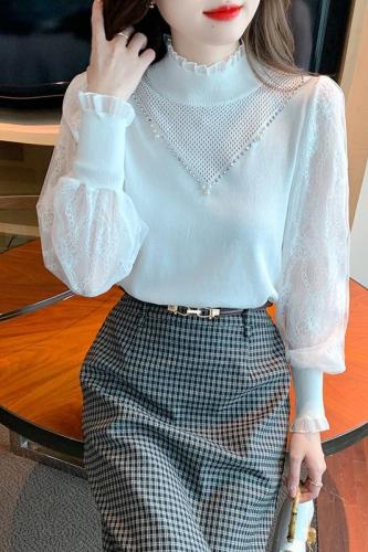 Lace stand-up collar pullover long-sleeved sweater knitted shirt 2024 autumn and winter solid color ladylike style top