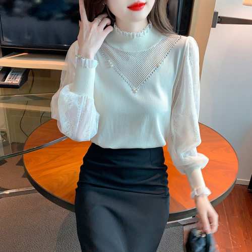 Lace stand-up collar pullover long-sleeved sweater knitted shirt 2024 autumn and winter solid color ladylike style top