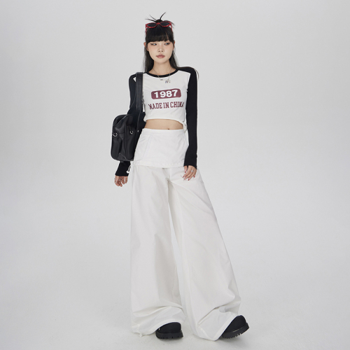 Real shot of new American retro fake two-piece wide-leg pants, adjustable floor-length pants, loose culottes, kangaroo pants, casual pants for women