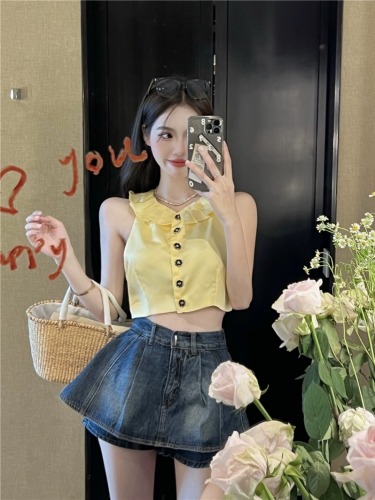 Real shot!  Summer Korean style waist-cinching A-line denim skirt pants skirt for women