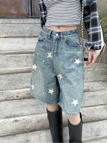 Real shot ~ Retro star denim shorts women's street straight loose slimming wide leg pants