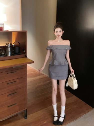 Real shot!  Exquisite girl's one-shoulder ruffled top with slimming butt-hugging skirt and sparkling suit