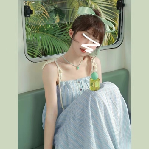 French temperament blue striped suspender dress for women summer 2024 new style small seaside vacation long dress