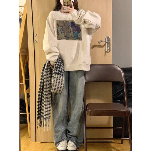 Official picture Korean style lazy style baby elephant print design oversize loose and versatile casual style pullover sweatshirt for women