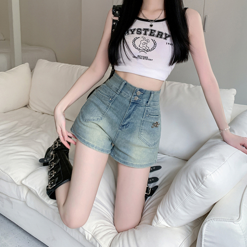 Real shot ~ American retro hottie high-waisted denim shorts women's summer slimming butt-covering jeans hot pants