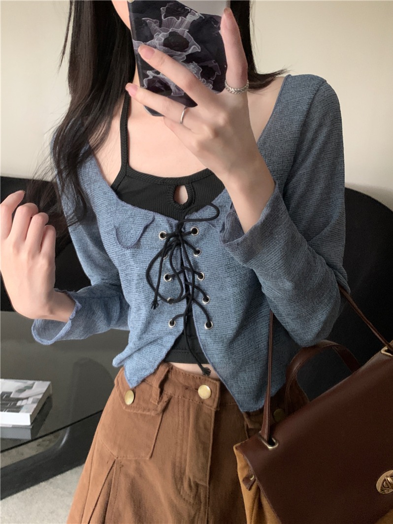 實拍 真 設計感掛脖吊帶背心+薄款綁帶長袖防曬開衫兩件套女
