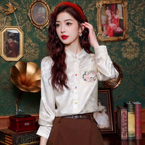 Real shot of new Chinese style light national style tops heavy industrial shirts white stand-up collar colorful button shirts spring women's 2024 new style women's