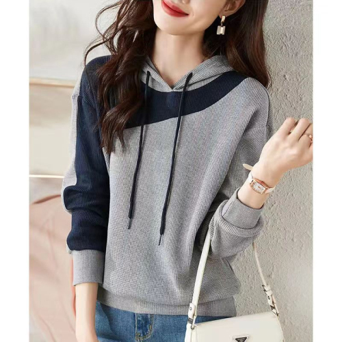 2024 new style this year's popular contrasting color splicing slimming spring and autumn fashionable casual hooded women's all-match sweatshirt