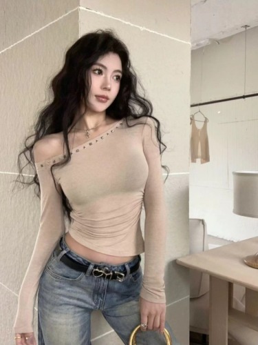 Lace splicing mesh long-sleeved T-shirt women's autumn 2024 autumn new style versatile casual bottoming shirt women's top