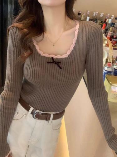 Square collar lace knitted bottoming shirt for women 2024 new Maillard inner bow sweater contrast color low collar top