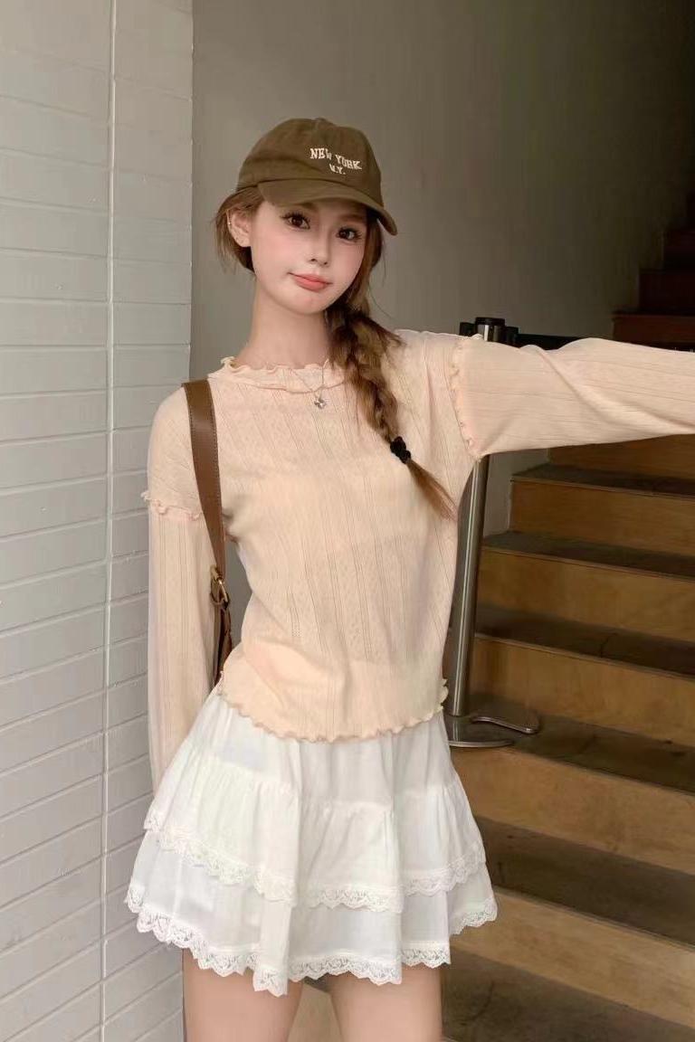 Korean-style sweet mulberry edge half-high collar long-sleeve knitted sweater for women, 2024 spring new arrival, innerwear for a slimmer fit, base top