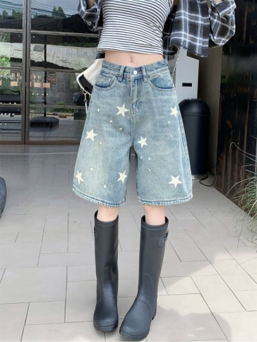 Real shot ~ Retro star denim shorts women's street straight loose slimming wide leg pants