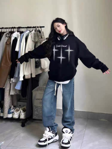 Thousands of girls LULU American street printed cross star oversize loose long-sleeved hooded sweatshirt for women