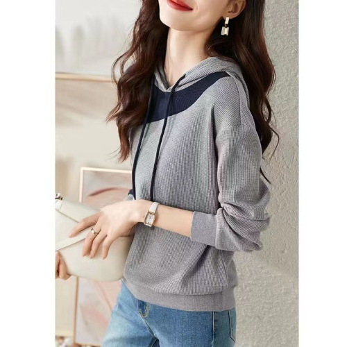 2024 new style this year's popular contrasting color splicing slimming spring and autumn fashionable casual hooded women's all-match sweatshirt