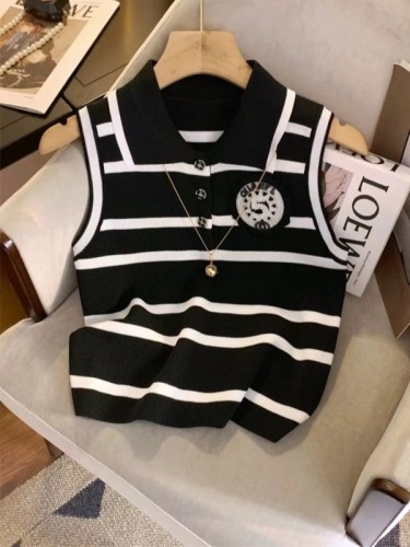 Alphanumeric Chest Label Lapel Polo Collar Striped Sleeveless Vest 2024 Summer New Slim Fit Bottoming Top for Women