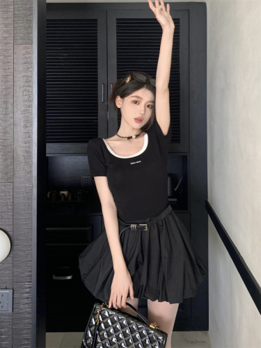 Real shot of U-neck slim fit patchwork puffy dress, short girly style black skirt