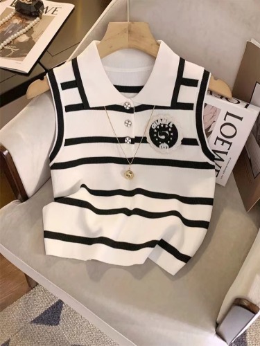 Alphanumeric Chest Label Lapel Polo Collar Striped Sleeveless Vest 2024 Summer New Slim Fit Bottoming Top for Women