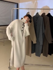 Autumn and Winter Lazy Wind-Over-Knee Hoodie Dress for Women, Long Length, Muscle-Hiding Loose High-Heeled Knit Dress