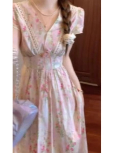 Gentle style French sweet temperament pink floral dress women's summer high-end waist slimming and beautiful long dress