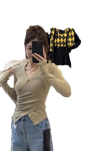 Winter velvet bottoming top, versatile, stylish, slimming, cross-over, irregular long-sleeved pullover v-neck T-shirt