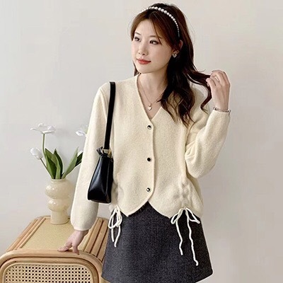 Western style lazy v-neck drawstring knitted cardigan women's top 2024 autumn and winter new fashion long-sleeved sweater jacket